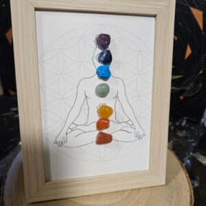 Obrázok s dreveným rámom a s čakra minerálmi