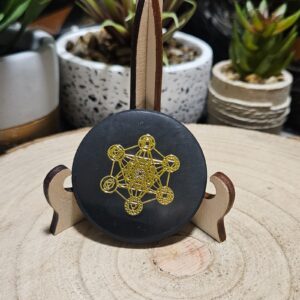 Šungitový disk so zlatou Metatronovou kockou (50 mm)