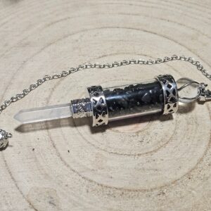 Imperial Obsidiánová Fúzia – Kyvadlo jasnosti (Prírodné obsidiánové korálky v sklenenej ampulke s hrotom z krištáľu, rozmer 1,8 x 8 cm)