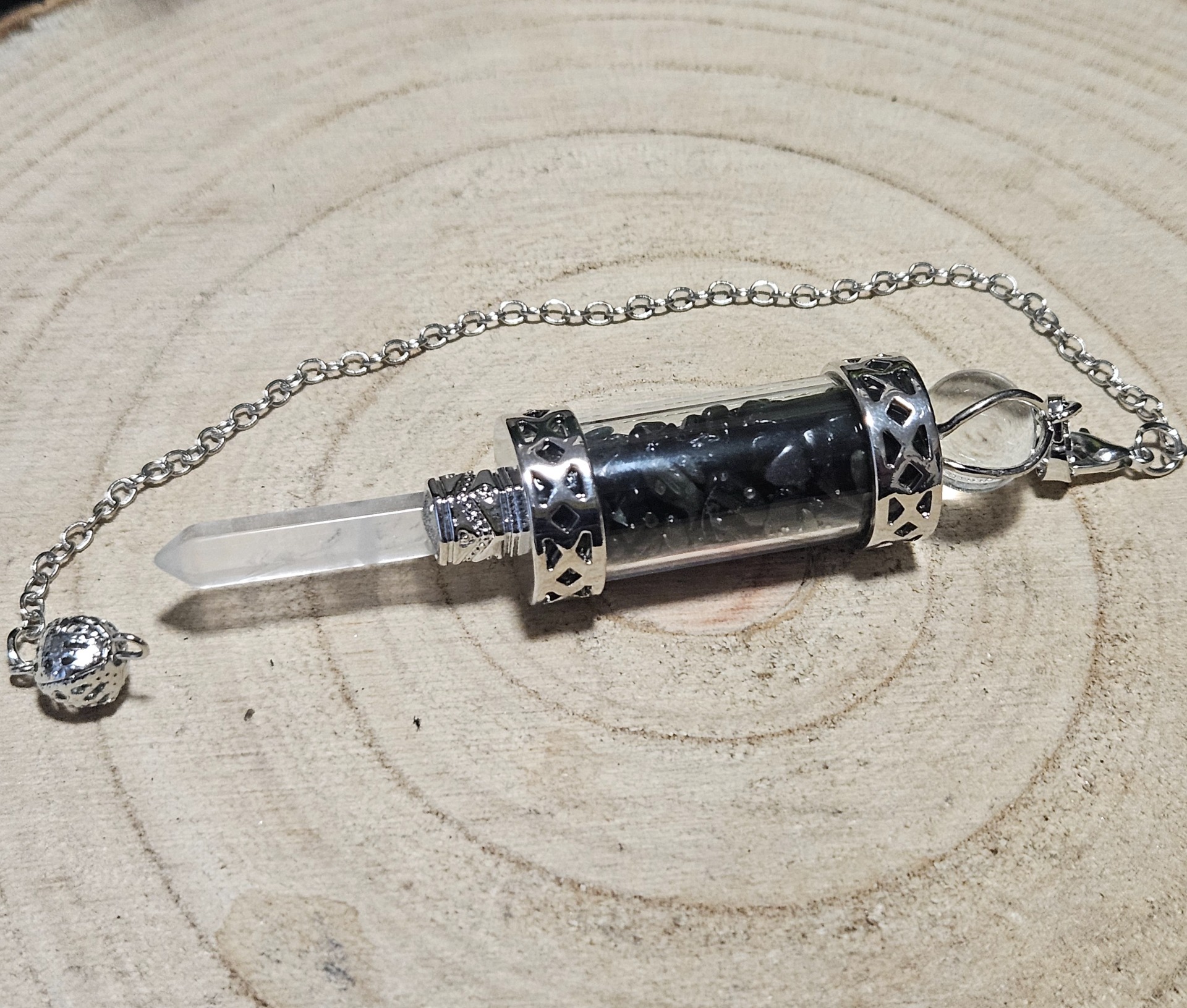 Imperial Obsidiánová Fúzia – Kyvadlo jasnosti (Prírodné obsidiánové korálky v sklenenej ampulke s hrotom z krištáľu, rozmer 1,8 x 8 cm)