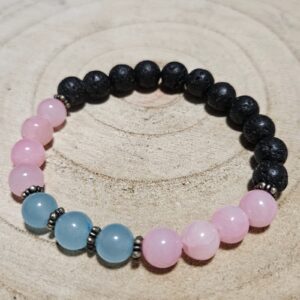 Imperial Pastel Fire – Pastelový oheň (Handmade náramok z modrého a ružového jadeitu s lávou, 8 mm, 17-18 cm)