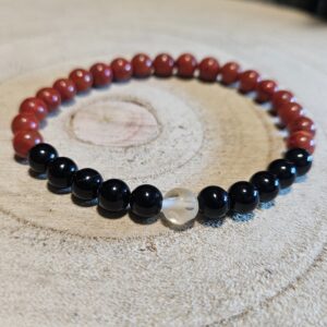 Imperial Čierny Štít – Náramok ochrany a stability (Prírodné korálky z obsidiánu, jaspisu a krištáľu na pružnej gumičke, priemer 5 mm, dĺžka 18-19 cm)