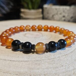 Imperial Pozemská Sila – Náramok ochrany a vitality (Prírodný obsidián, hematit a karneol na pružnej gumičke, priemer 8 mm, dĺžka 19-20 cm)