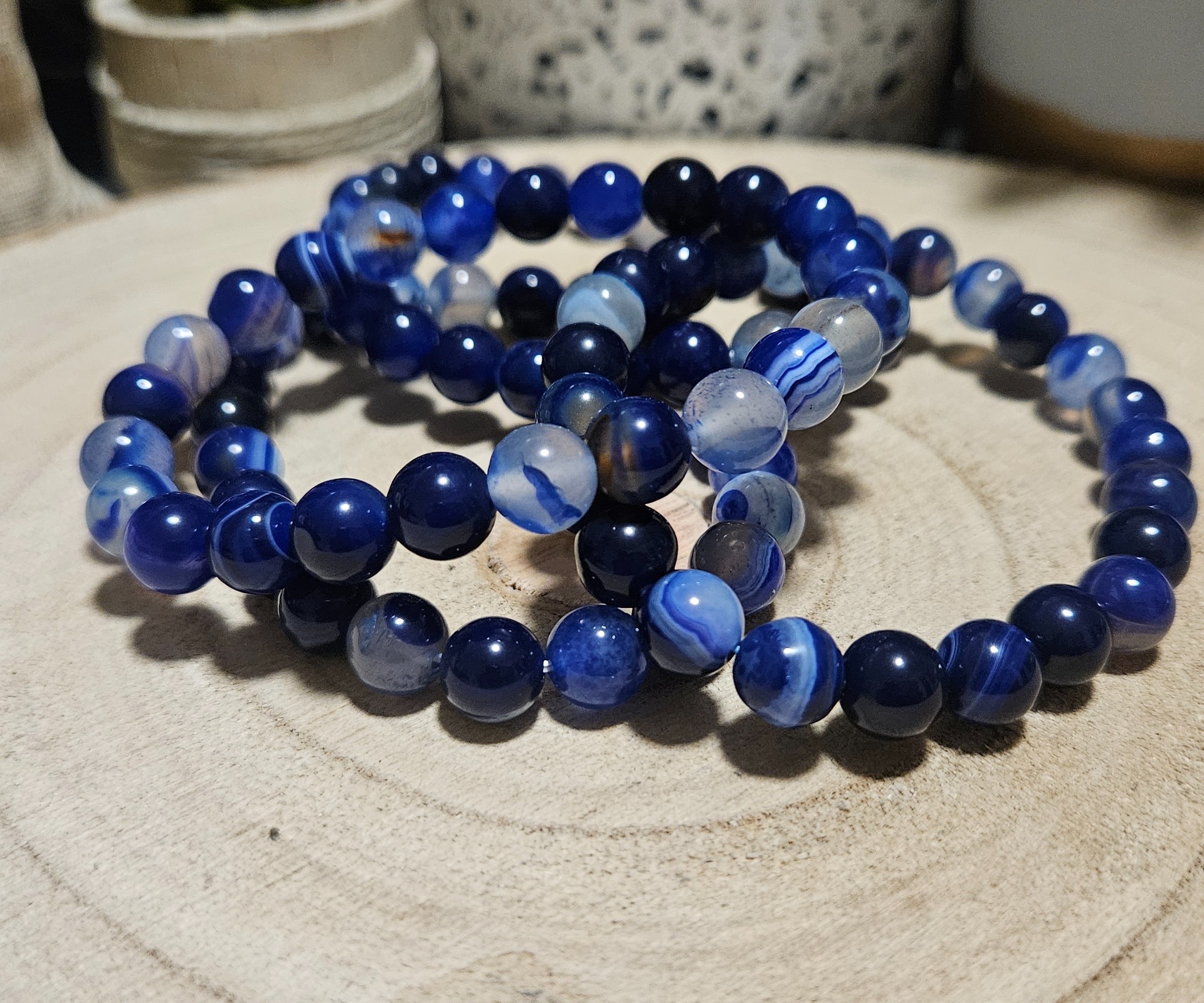 Imperial Lace Agate Aura Shield Bracelet naramok krajkovy achat guličky tmavomodry uzemnenie ochrana 8mm 4b