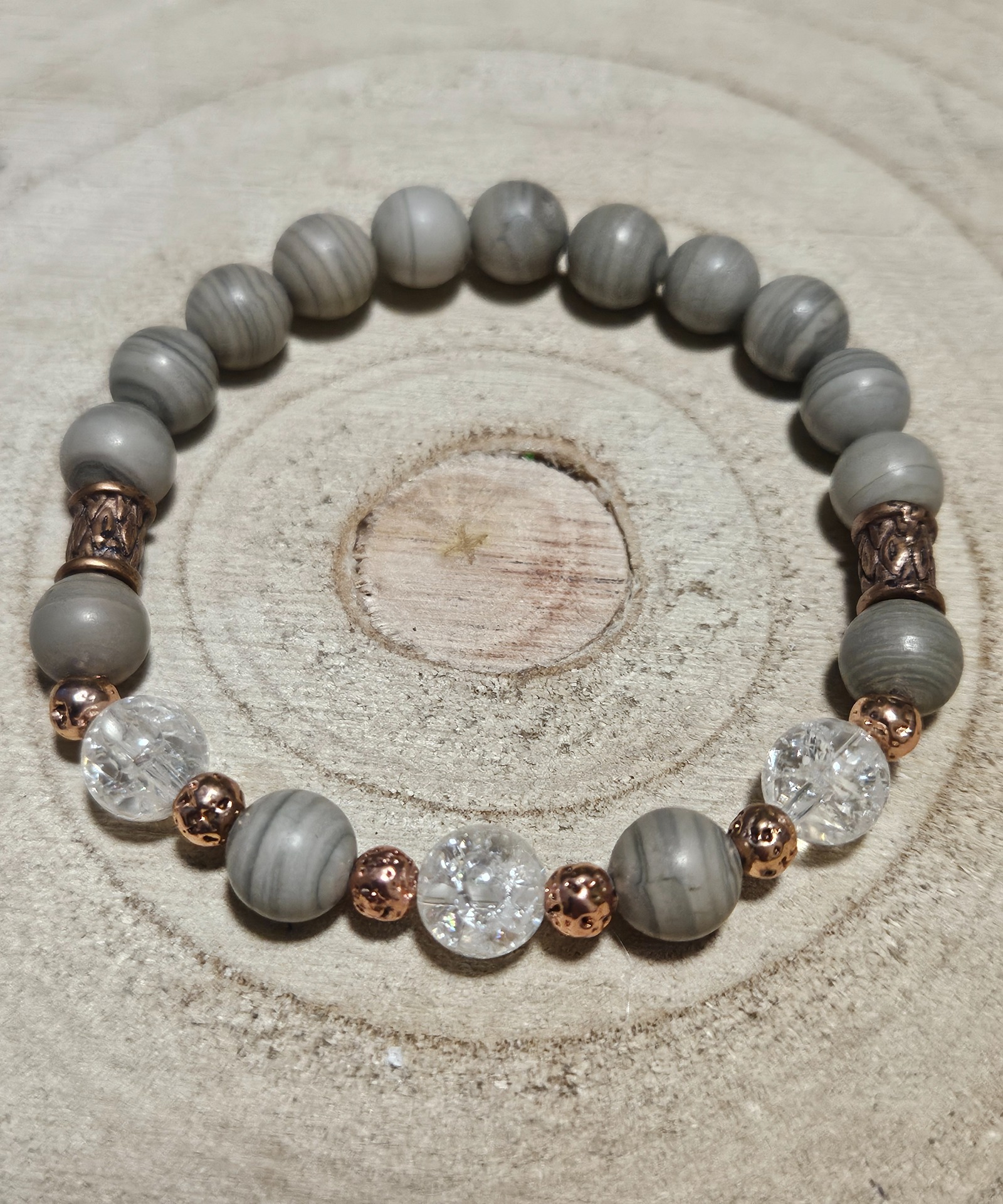 Imperial Silverline Jasper Quartz Lava Shamanic Bracelet naramok jaspis silverline kristal lava 8mm koralky z mineralov jediny kus rucna vyroba