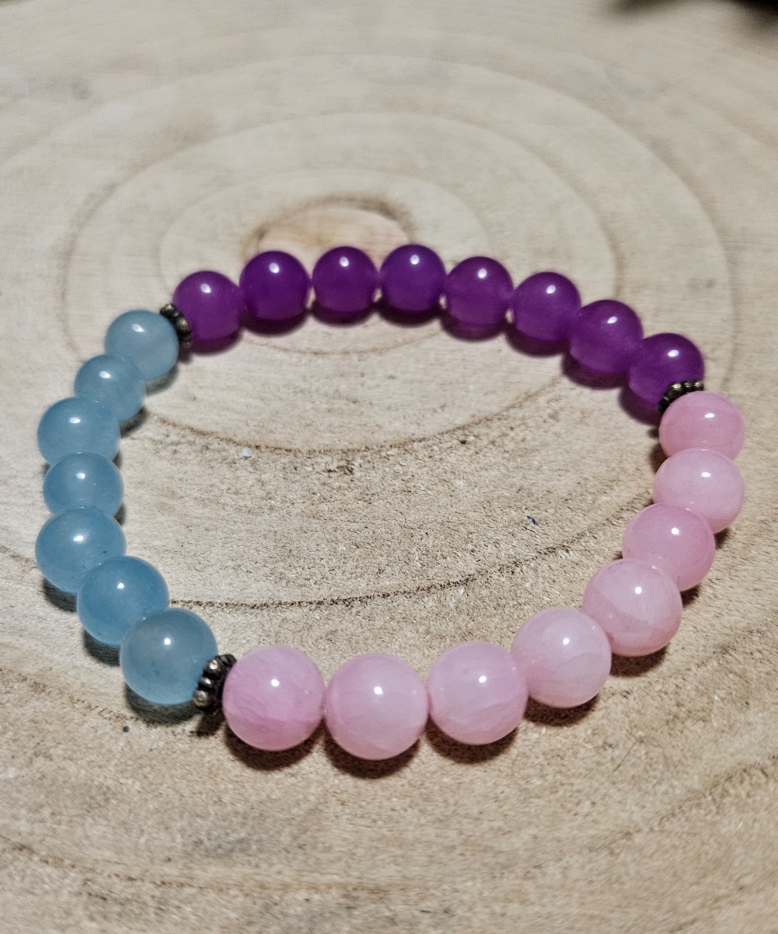 Imperial Pastel Symphony – Pastelová symfónia (Handmade náramok z ružového, lila a modrého jadeitu, 8 mm, 18-19 cm)