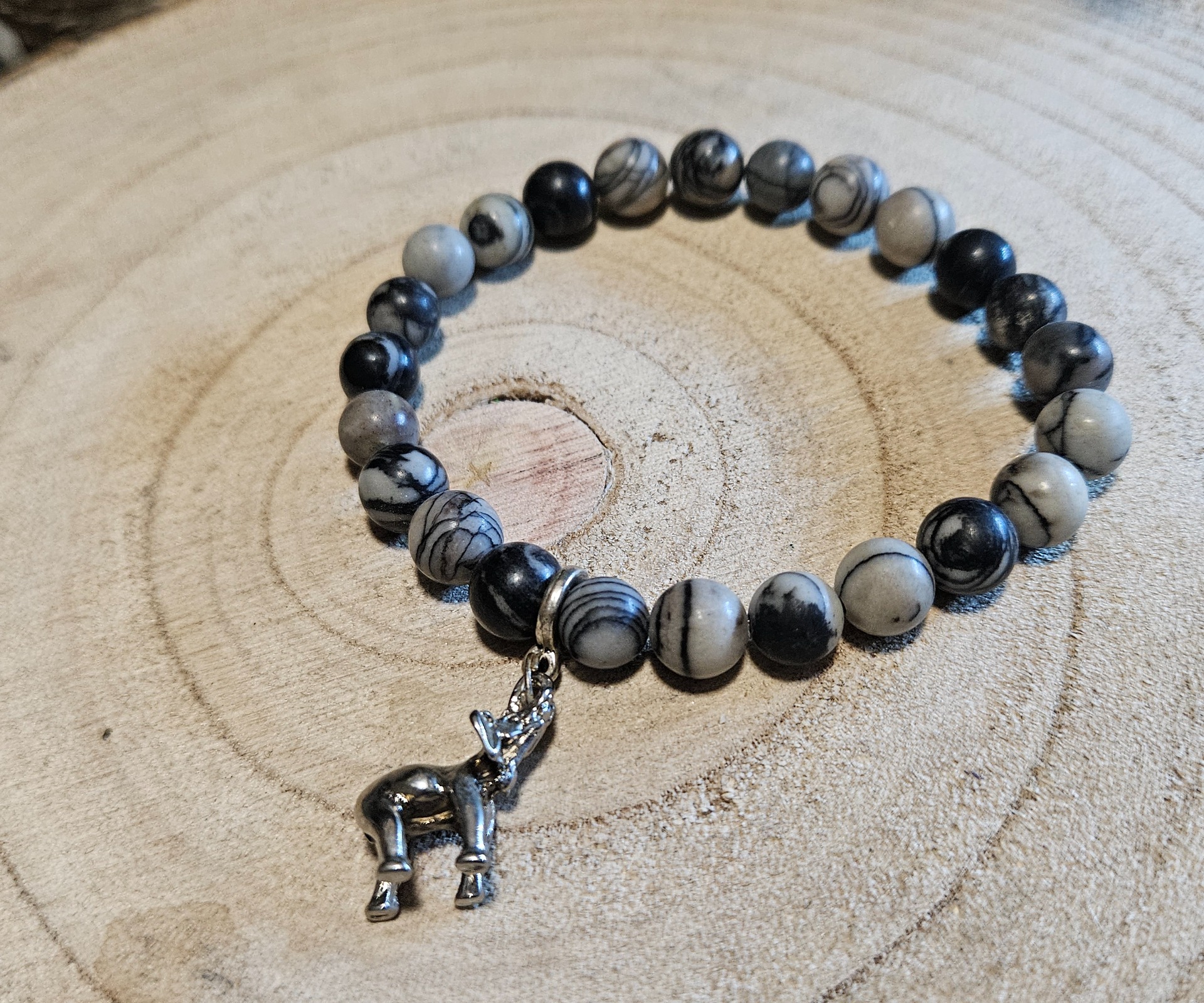 Imperial Silverline Elephant Bracelet naramok jaspis silverline sivobely s priveskom slona pre stastie koralky z mineralov handmade imperial-mineral