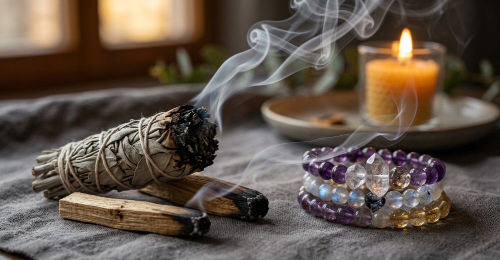 dymovy ritual biela šalvia palo santo cistenie naramkov z mineralov imperial-mineral